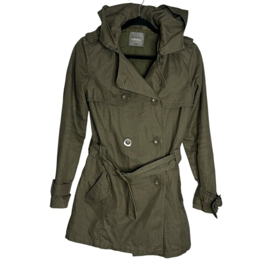 Bershka Double Breasted Hooded Belted Medium Length Trench Coat
